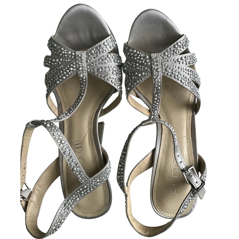 ALDO Silver Rhinestone Strappy Stiletto Heels – Leather Sole – Size 6.5 Elegant